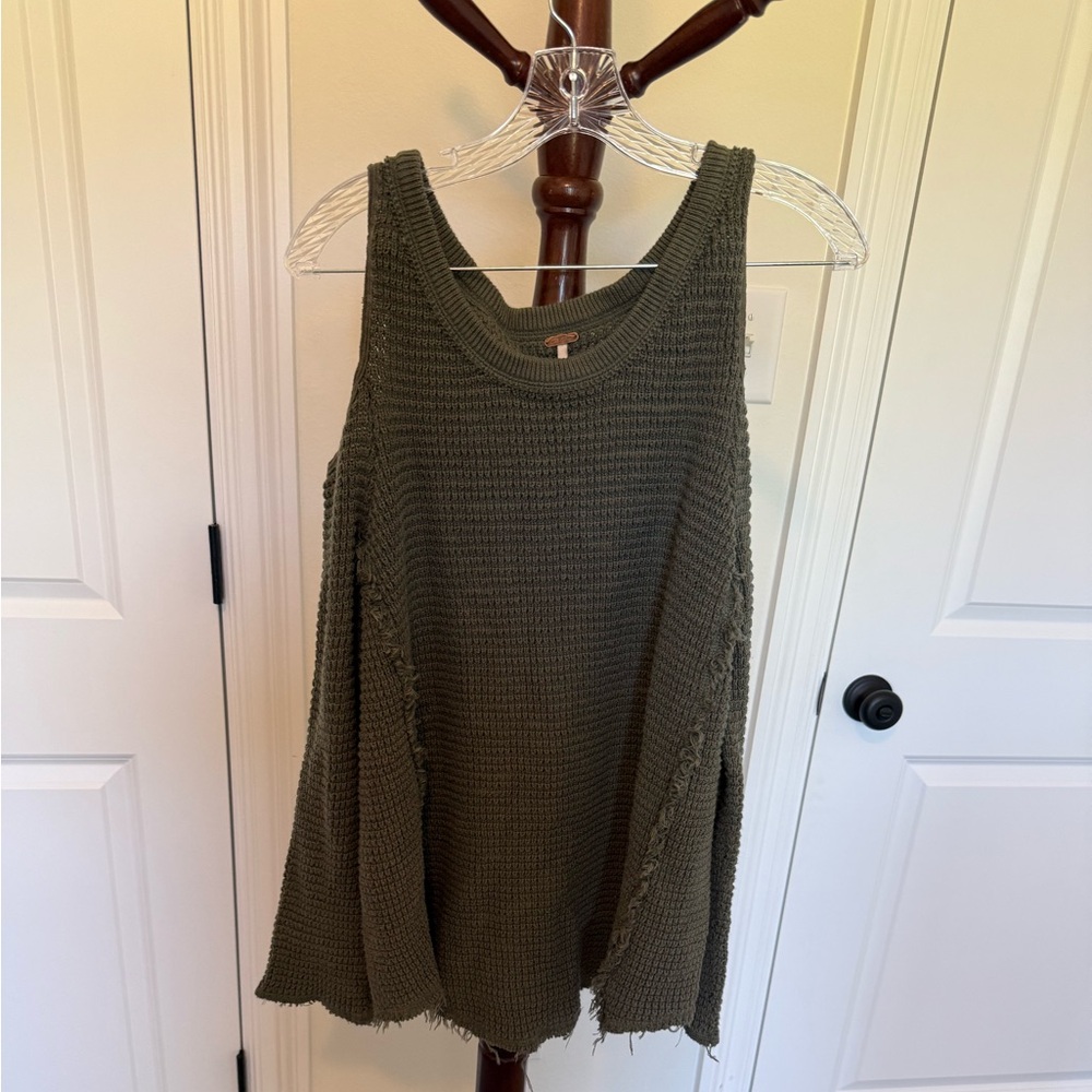 Free People Olive Green waffle knit cold shoulder sweater